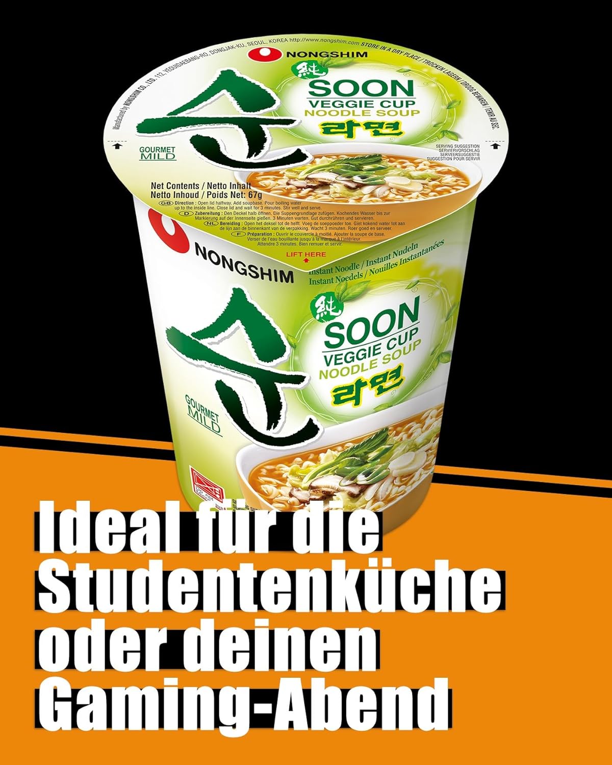Thumbnail 2 de Nong Shim Soon Veggie Ramyun Koreanische Gemüse-Cup-Suppe, mild – 6er Pack à 67 g