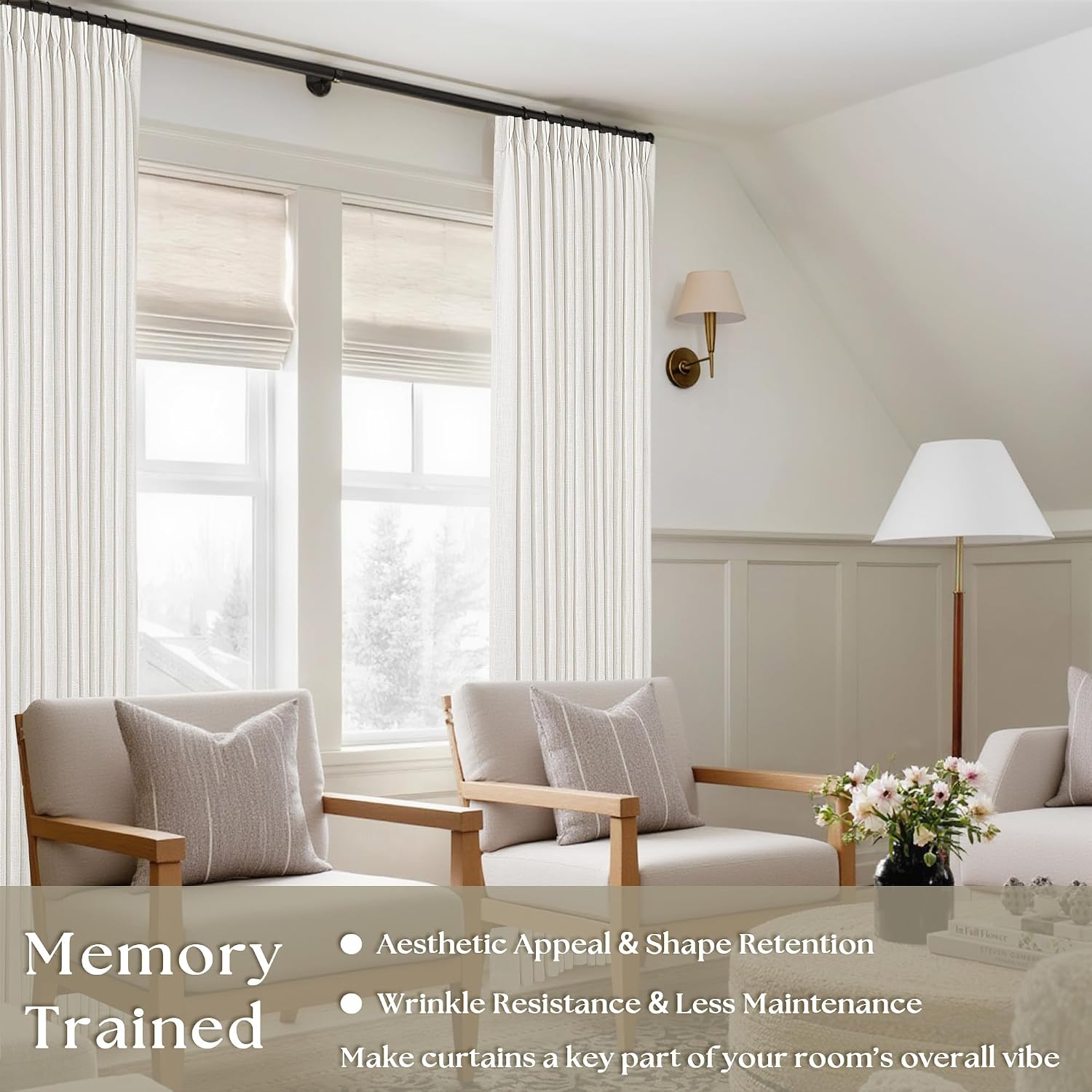Detalle de Cortinas plisadas de lino texturizado: 2 paneles, 80 in. - white/neutral
