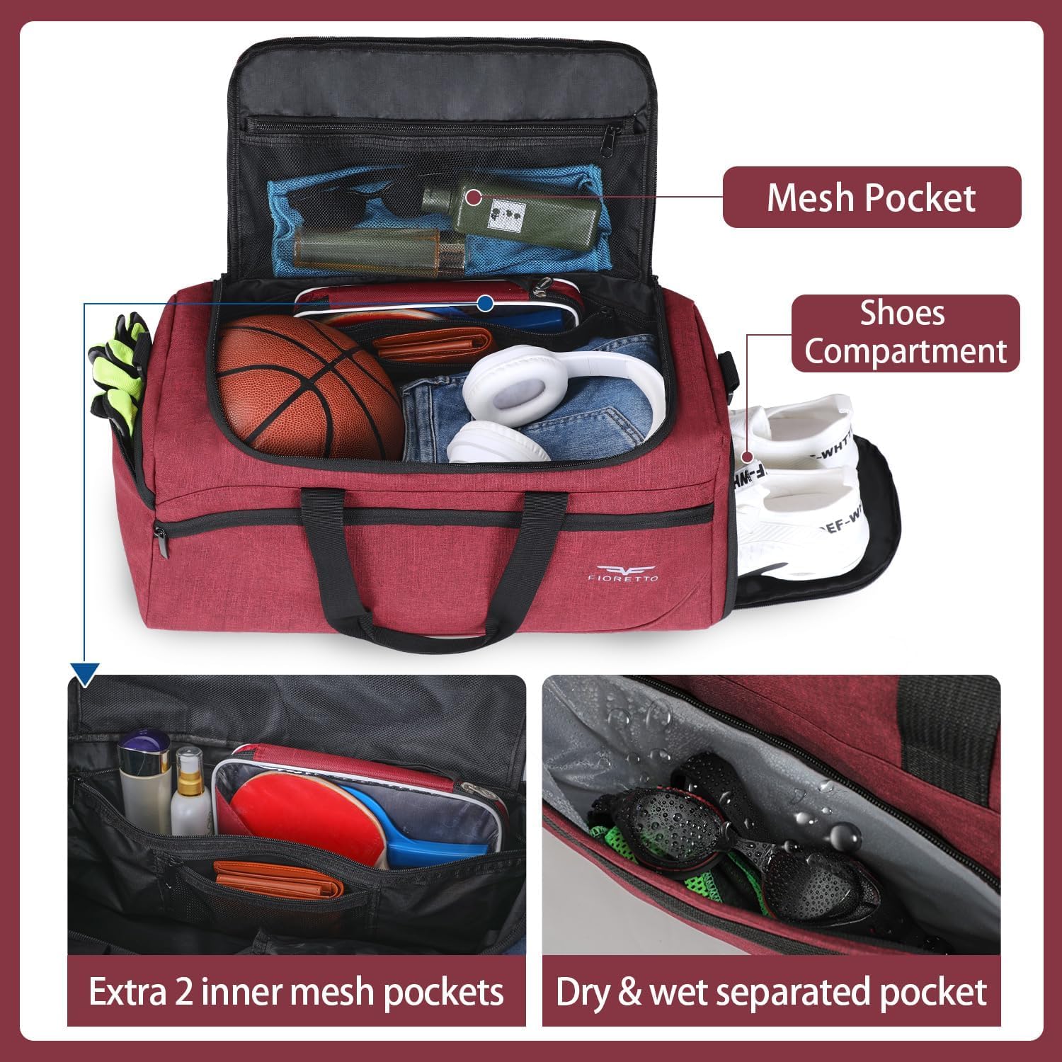 Detalle de FIORETTO 50L Sporttasche & Reisetasche mit Schuhfach und Nassfach – wasserdicht, 50 x 30 x 31 cm