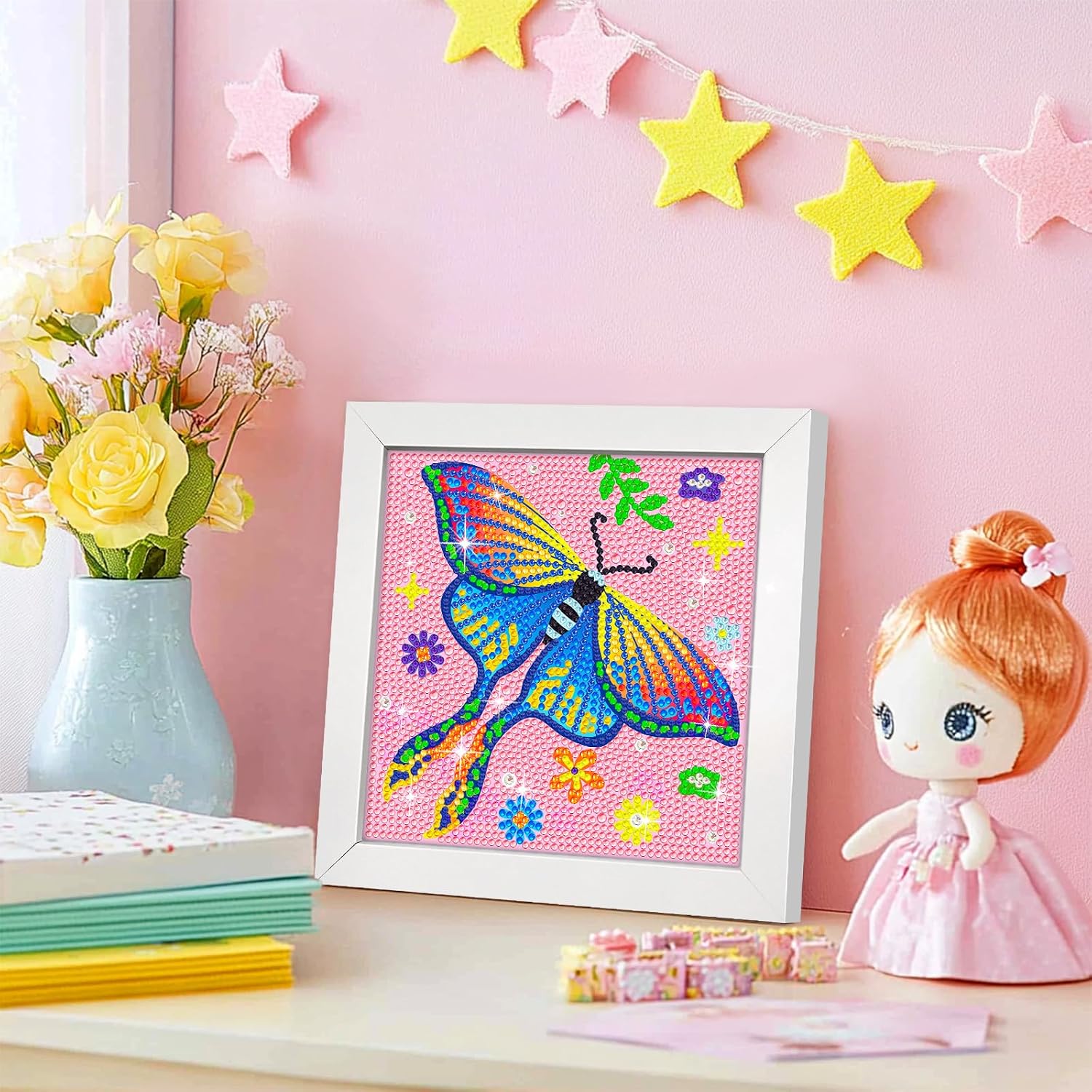 Detalle de jieyisier Motte Luna Diamond Painting 15x15 cm mit Holzrahmen – Bunte Schmetterlinge, Anfängerfreundlich