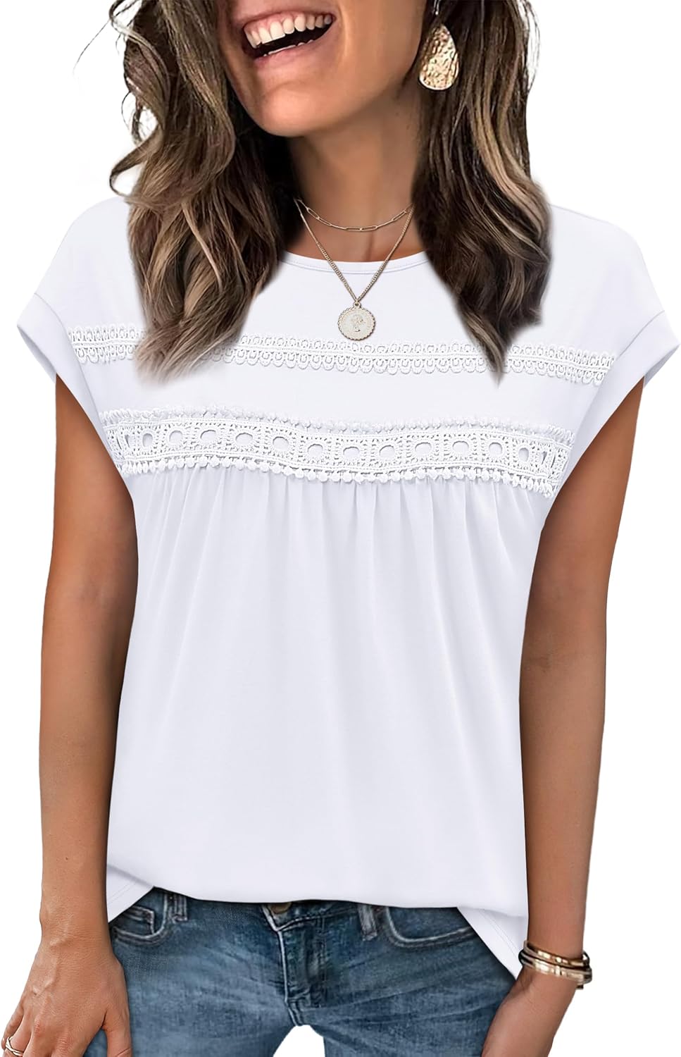 Thumbnail 1 de WIHOLL Lace Crochet Cap Sleeve Summer Top (Crew Neck, Loose Fit Peplum)