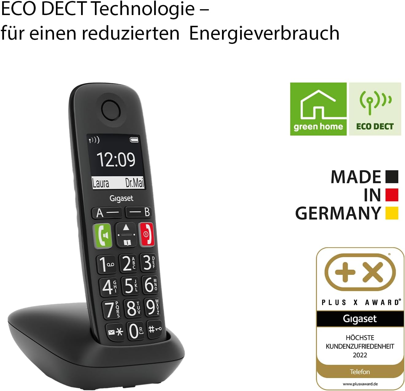 Detalle de Gigaset E290 – Schnurloses Senioren-Telefon mit großen Tasten, Zielwahltasten und Verstärker-Funktion (Schwarz, DE-Version)