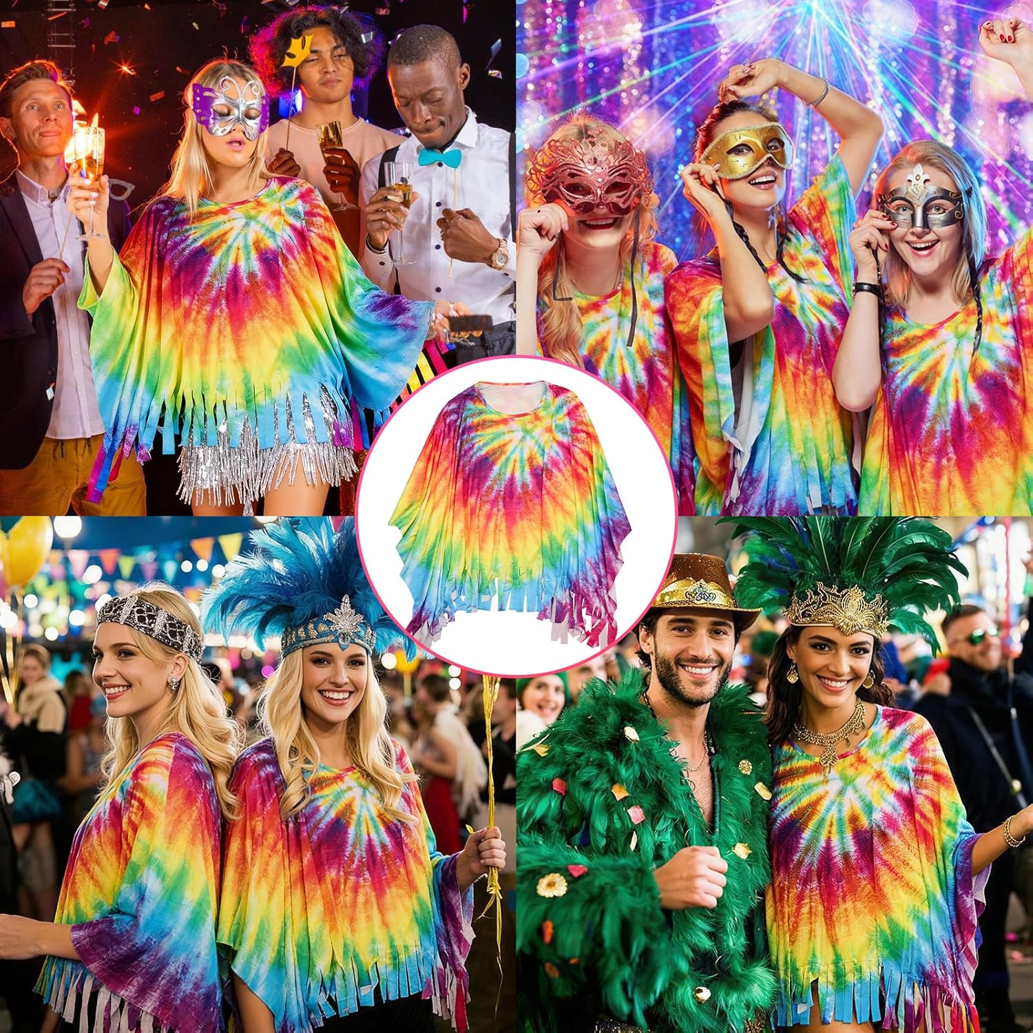 Detalle 2 de Hippie-Kultur Hippie-Umhang & Festival-Accessoires Set im Batik-Look für Karneval und Party