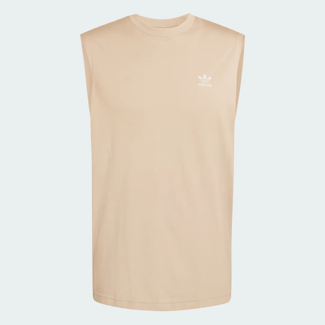 Detalle de Camiseta sin mangas Trefoil Essentials de Adidas — estilo básico y cómodo en color beige