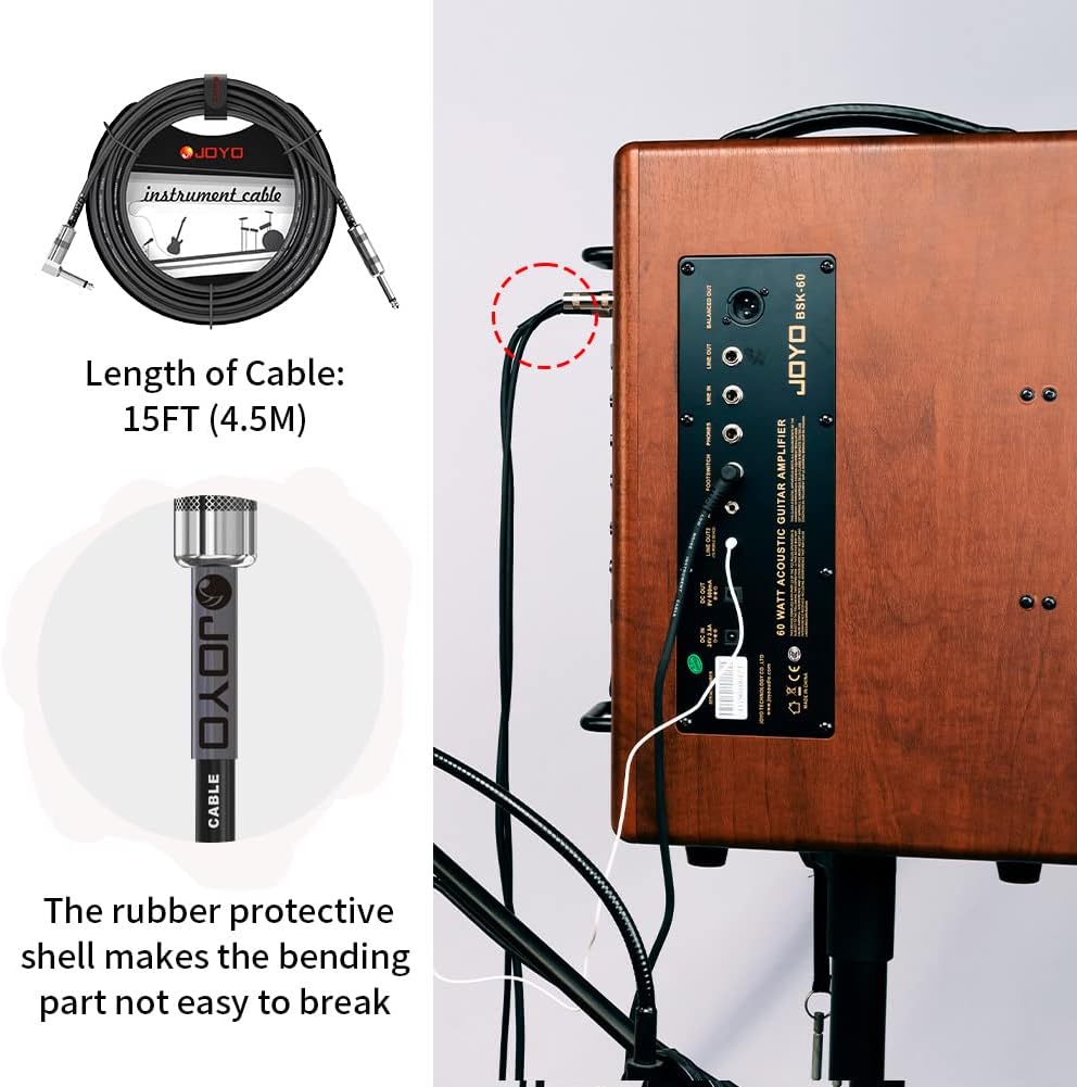Detalle 2 de JOYO CM-12 Bass Guitar Cable, 15 Feet, Straight-to-Right-Angle 1/4-Inch Plugs