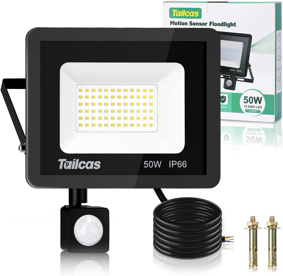 Tailcas faretto LED da esterno con sensore di movimento IP66, 72 LED 6500K e 4500 lm (50 Watt)