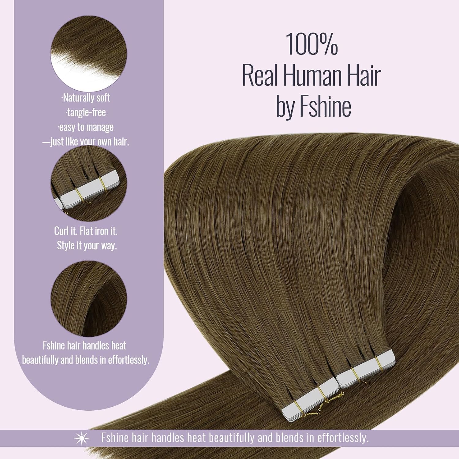 Detalle de Fshine Extension Biadesiva Capelli Veri Marrone Medio 50 cm – 20 pezzi Remy