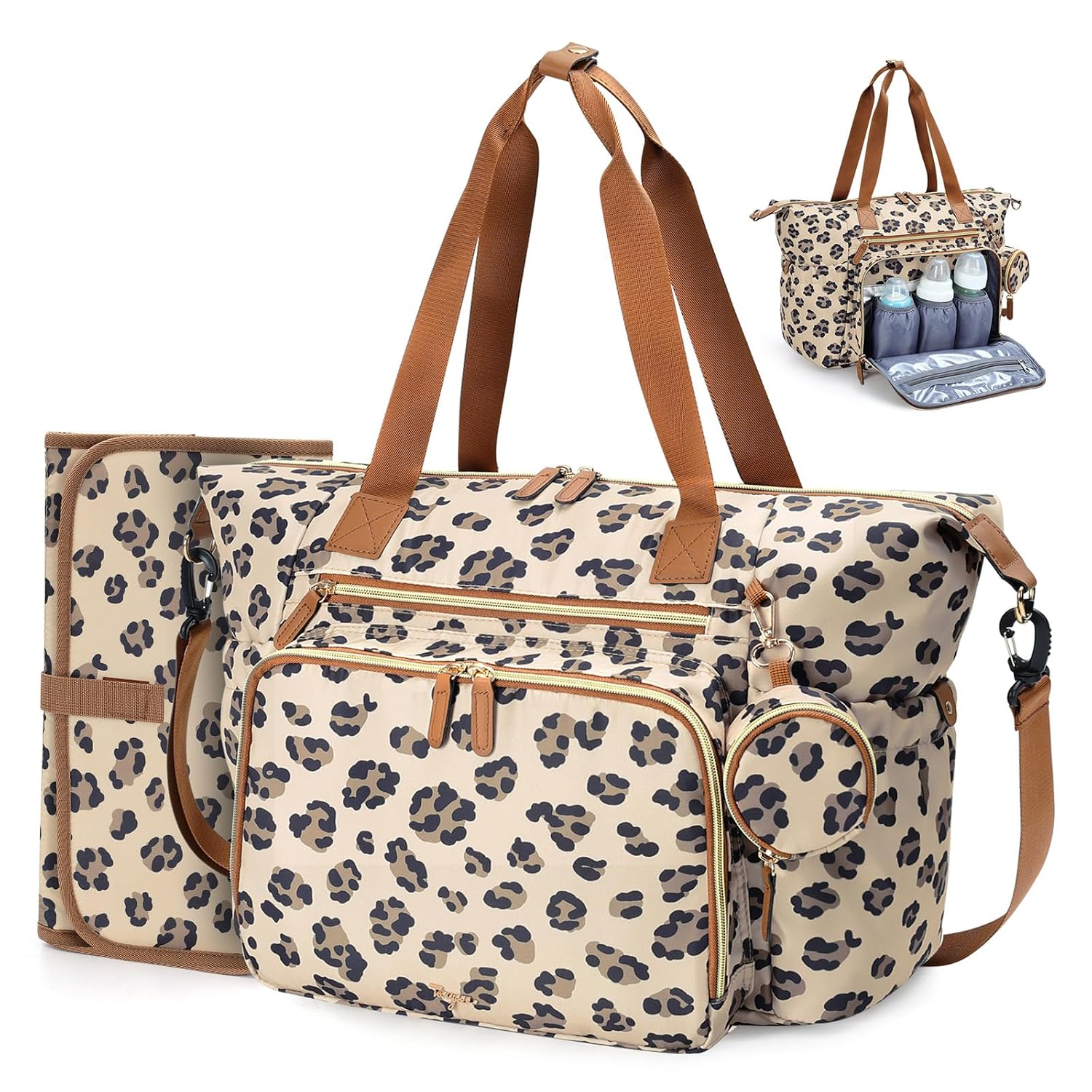 Detalle de Tonyeee Wickeltasche mit Schnullertasche, Wickelunterlage und isolierten Fächern – multifunktionaler Wickelrucksack (Leopard)