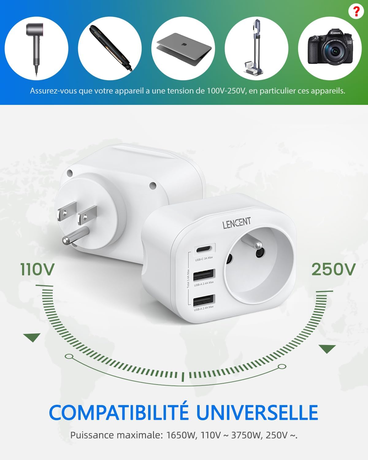 Thumbnail 4 de LENCENT Adaptateur Prise USA Type B 4 en 1