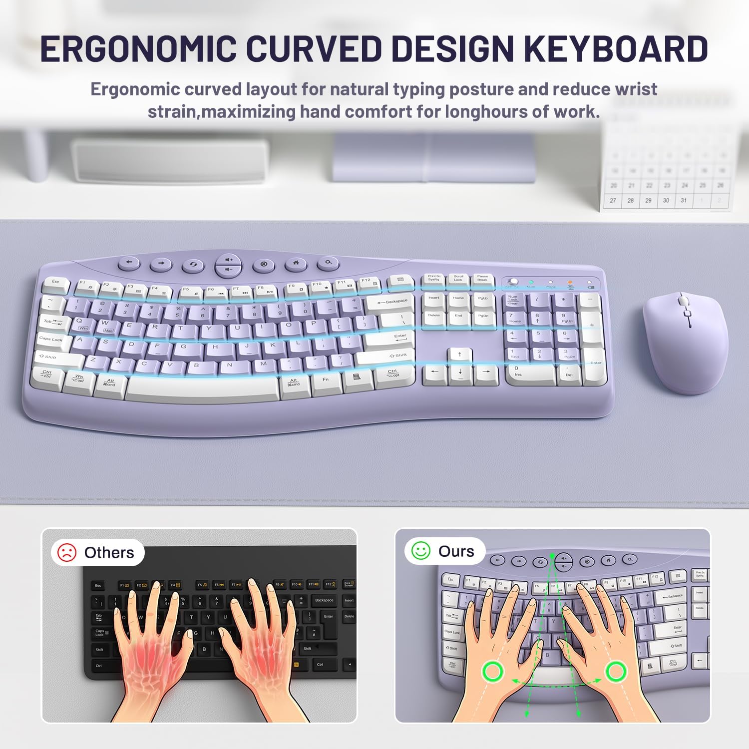 Thumbnail 2 de RECCAZR Wireless Keyboard and Mouse Combo, Quiet Curved Design, Purple