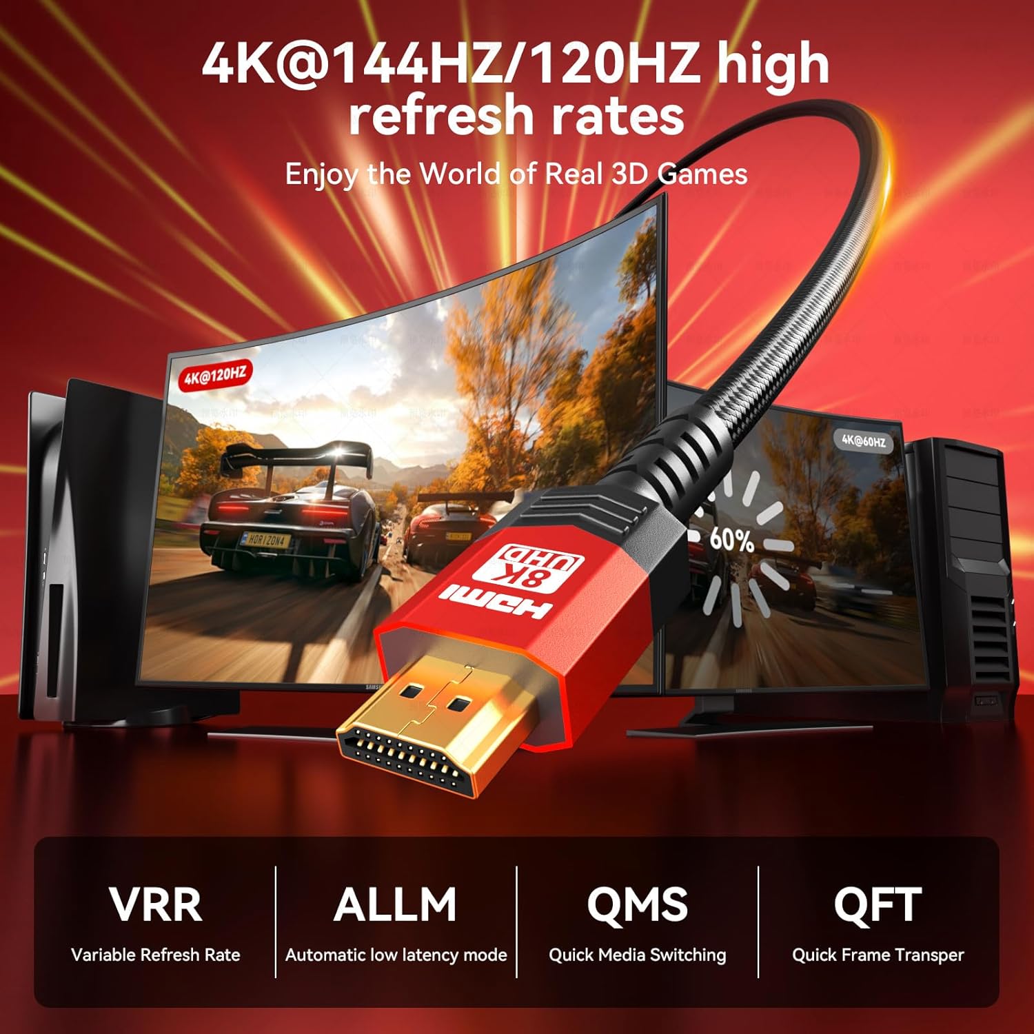 Thumbnail 4 de Adrenenjoyer 8K HDMI 2.1 Cable (30 ft, 48Gbps) with VRR, eARC, HDR10+, and DTS:X