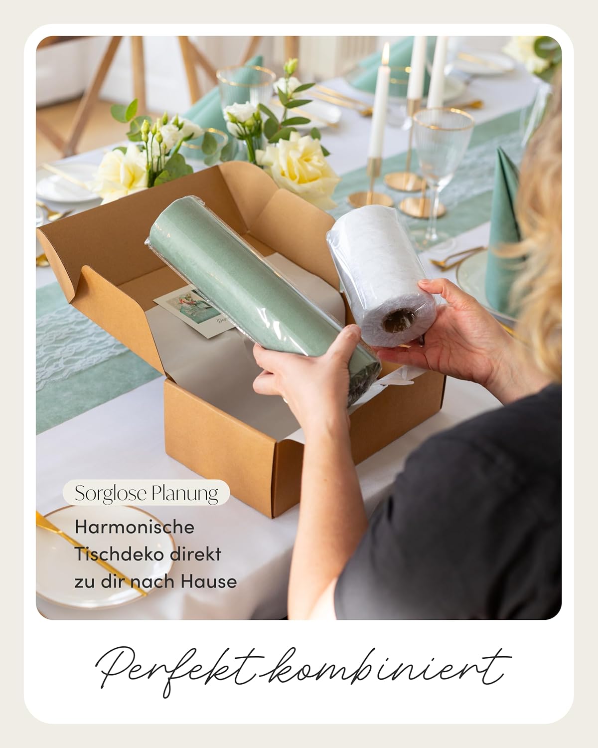 Thumbnail 5 de 100%Mosel Tischläufer-Set Eukalyptusgrün & Weiß mit Vliesbahn (30 cm x 25 m) und Spitzenband (15 cm x 25 m)