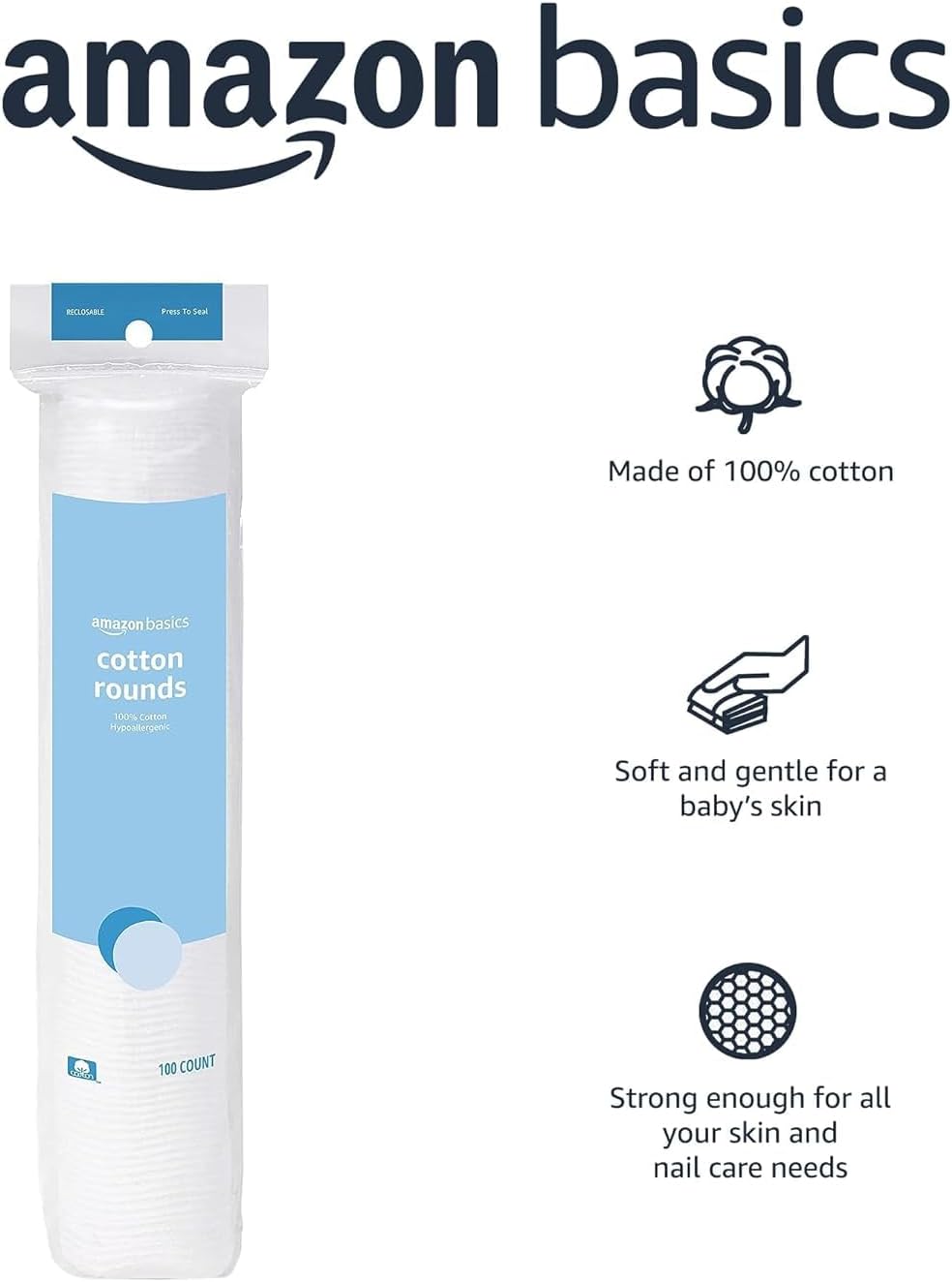 Detalle 1 de Amazon Basics Hypoallergenic Cotton Rounds (100 Count) for Makeup Removal & Skincare