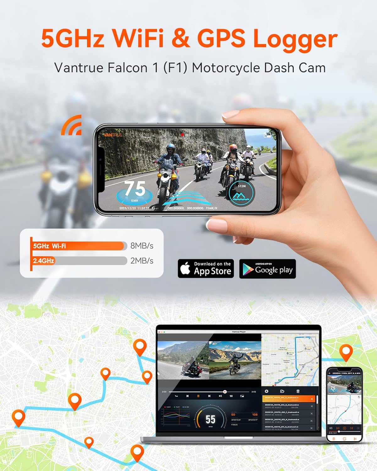 Thumbnail 2 de VANTRUE F1 Motorcycle Camera (4K front + 1080P rear, 5GHz WiFi, GPS, HDR/WDR, IP67, 24H parking mode)