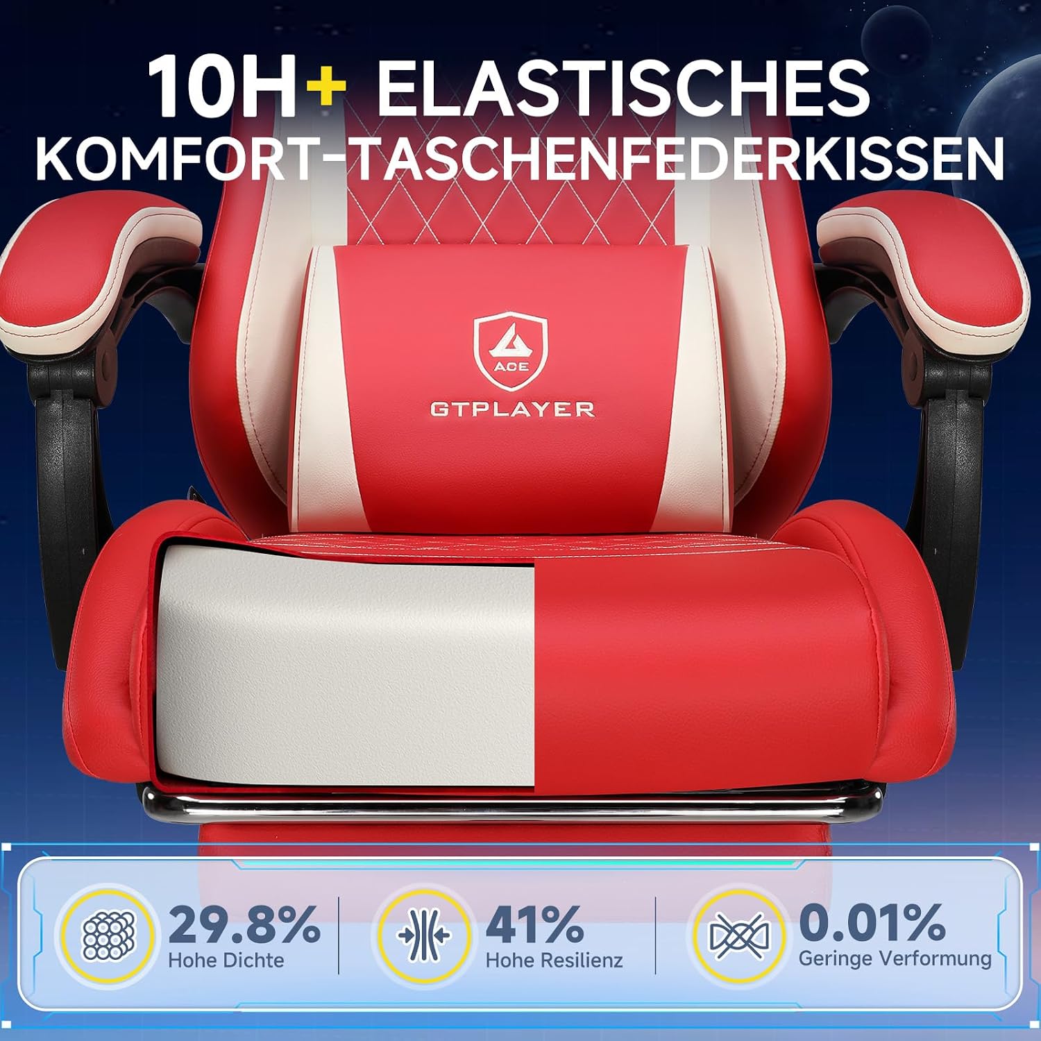 Detalle de GTPLAYER Chaise de gaming ergonomique en cuir synthétique rouge, support lombaire et dossier jusqu’à 150°