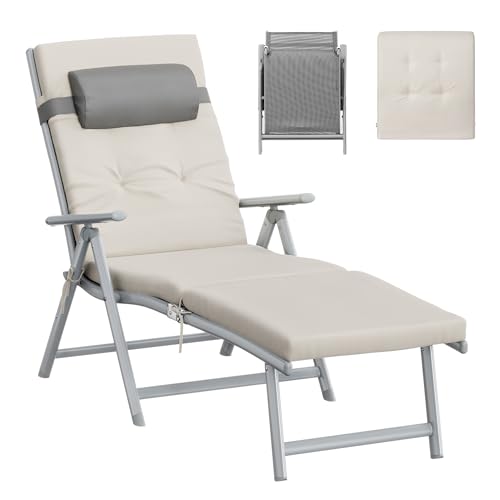 SONGMICS Tumbona plegable GCB024WZ02 beige arena con respaldo ajustable y cojín de 6 cm