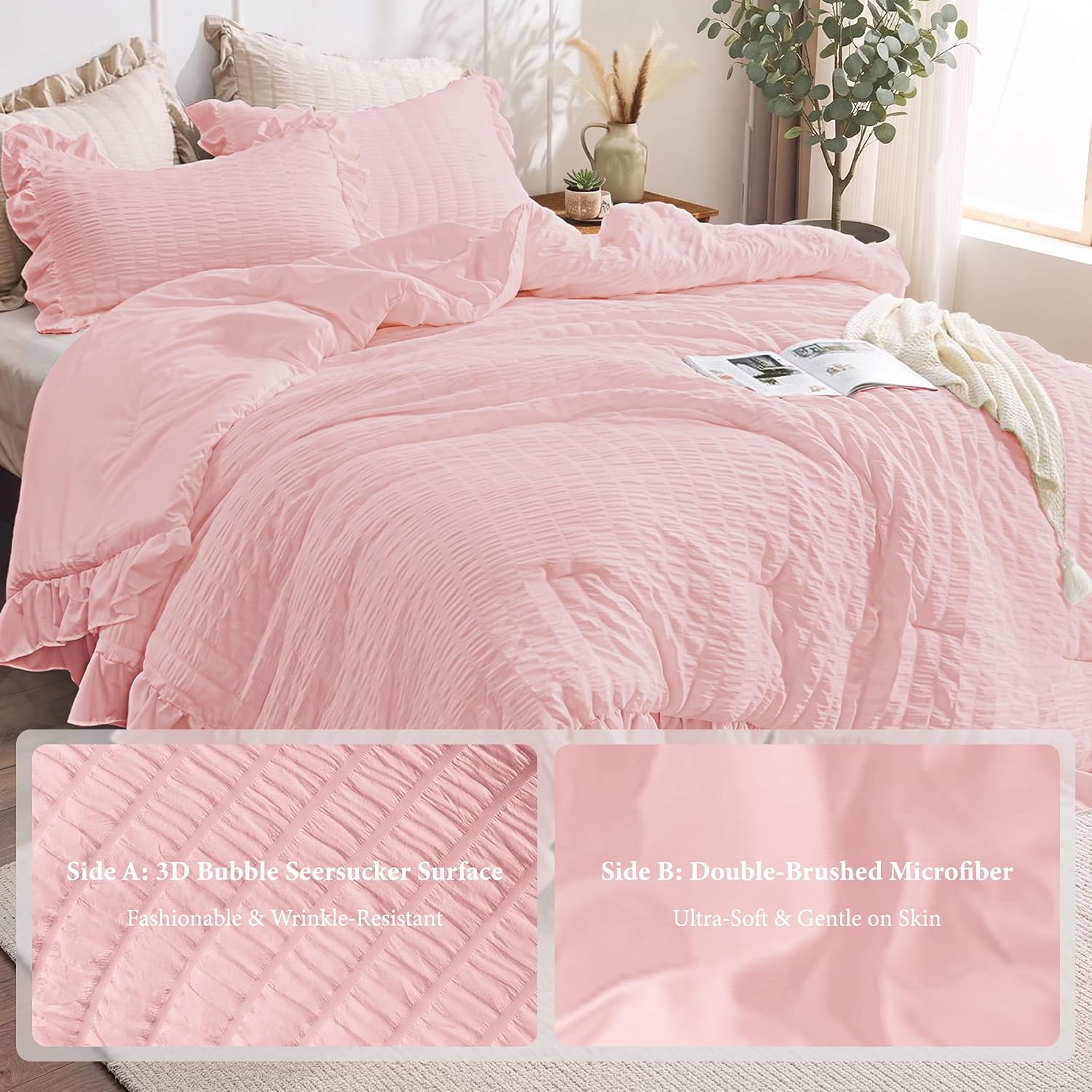 Detalle de JOLLYVOGUE Pink Seersucker Queen Comforter Set, 3 Pieces – Lightweight All-Season With Ruffle Details