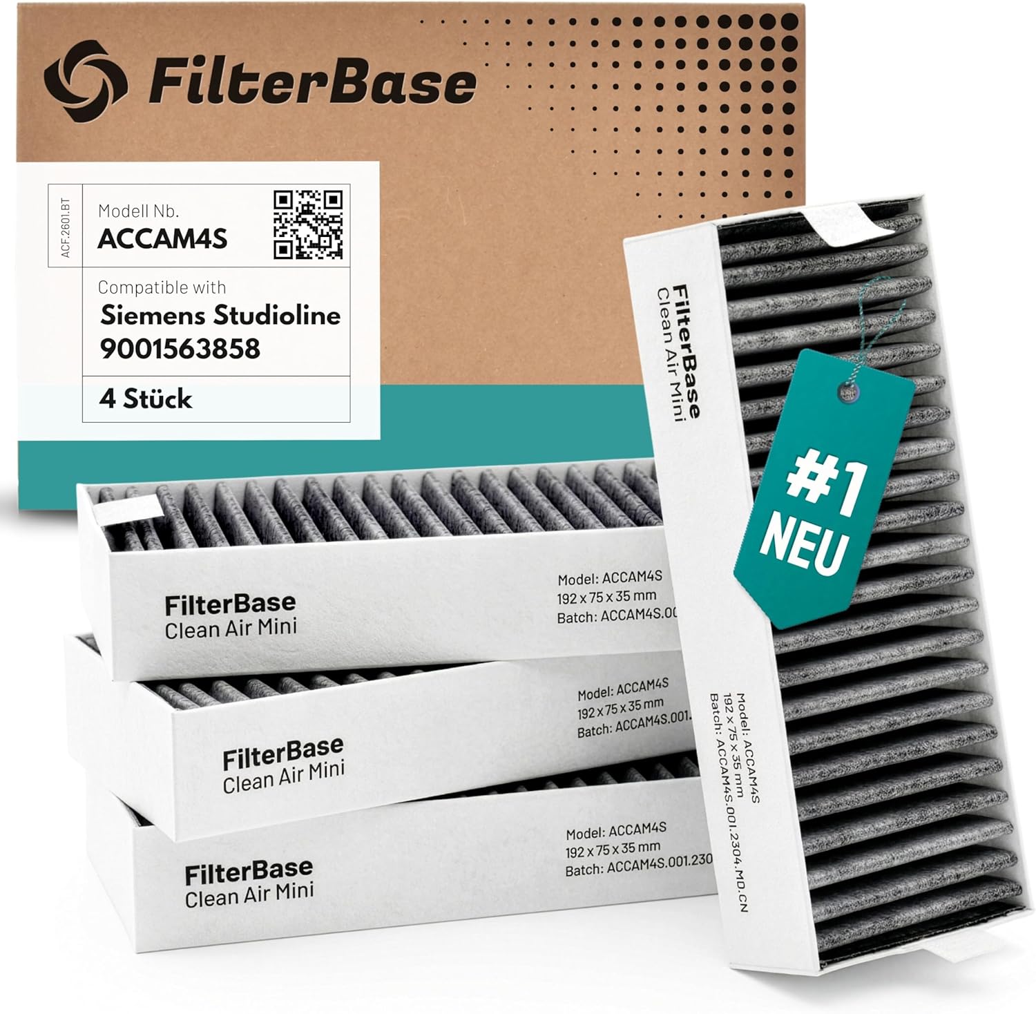 FilterBase Aktivkohlefilter 4er Set 195x75x35 mm