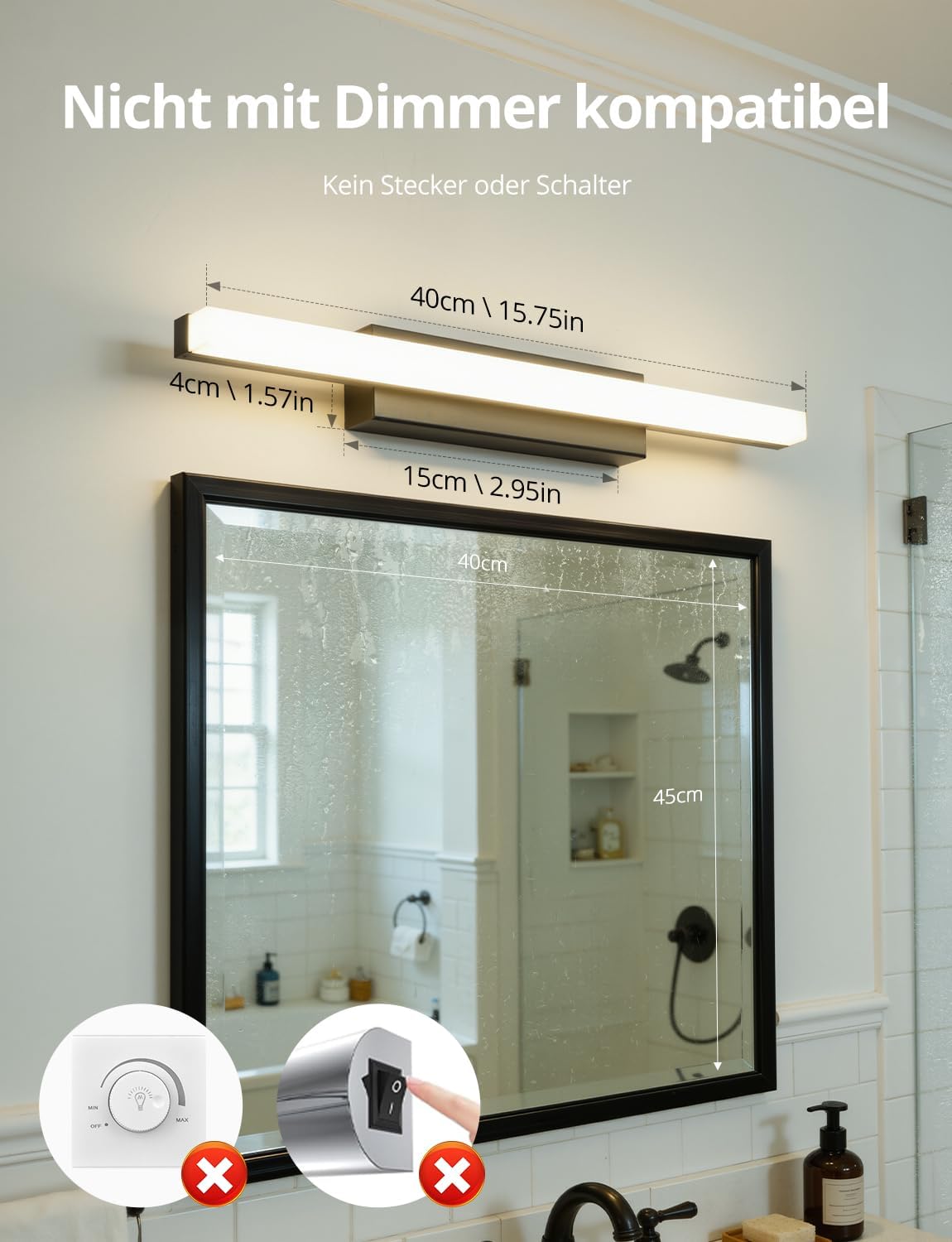 Detalle de Yafido LED-Spiegelleuchte fürs Badezimmer (40 cm, 9 W, 4000 K) – IP44 Naturweiß