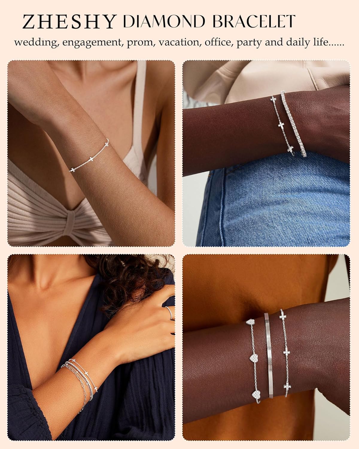 Thumbnail 4 de Bracelet femme ZHESHY en argent 925 et plaqué or 14k, réglable, motifs trèfle à 4 feuilles et croix