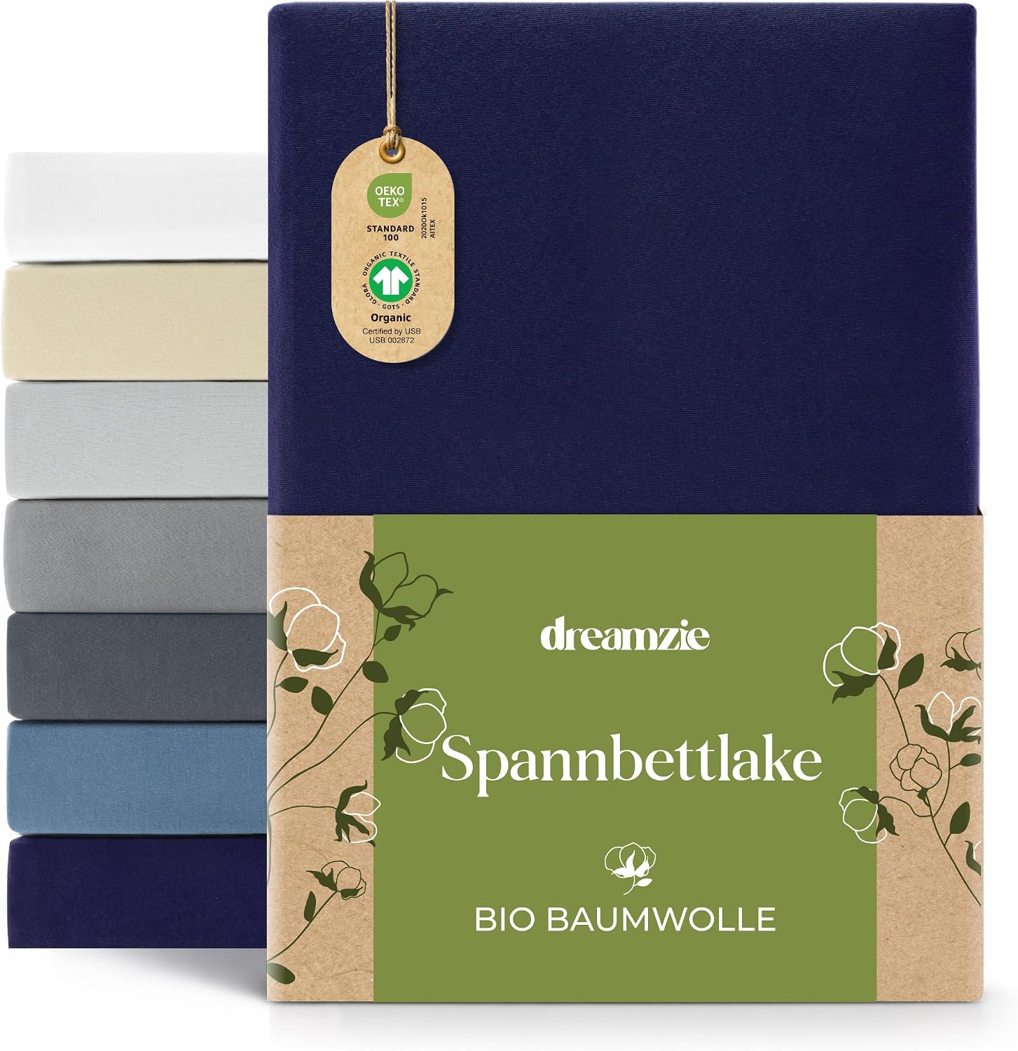 Detalle de Dreamzie Premium Spannbettlaken Dunkelblau 90x200 cm bis 100x200 cm – 100% Bio-Baumwolle, 150 g/m², GOTS & OEKO-TEX