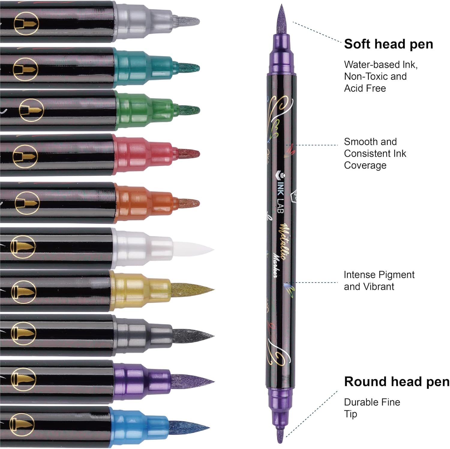 Thumbnail 2 de INK LAB Marqueurs Métalliques 24 Couleurs – Stylos à Encre Métallique pour Arts et Bricolage