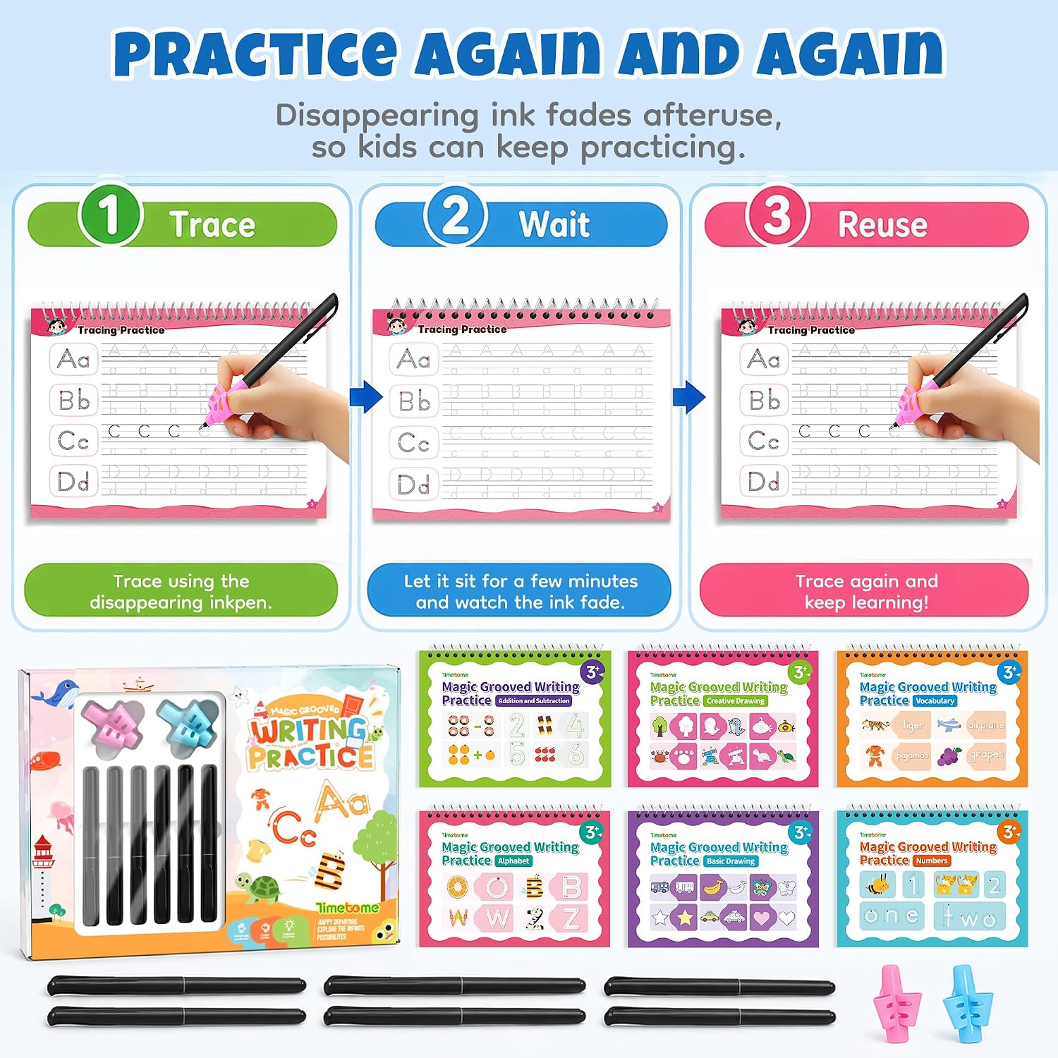 Detalle de Timetome Magic Grooved Writing Practice for Kids, 6 Reusable Books, Ages 3–8