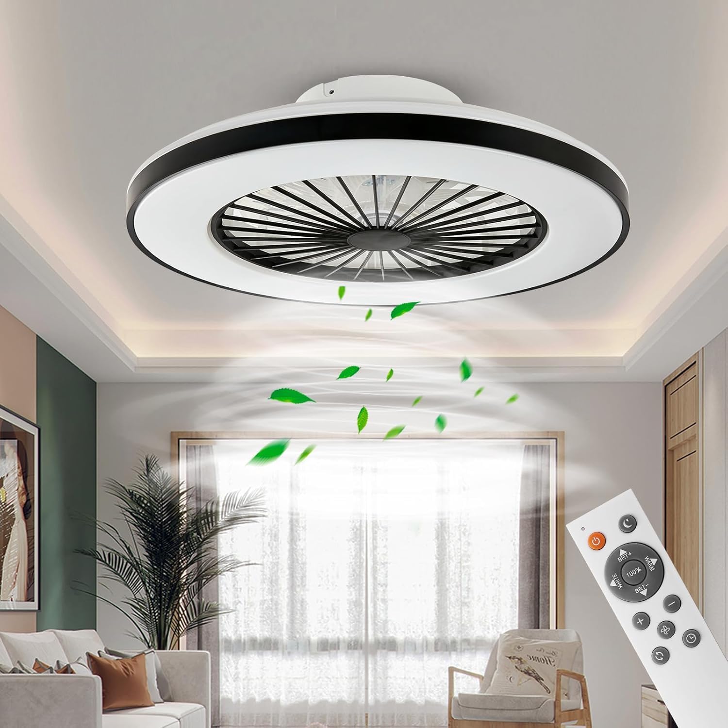 Detalle de BKZO Modern LED Ceiling Light with Fan (50cm, Black Frame) – 24 Speeds, 3000–5500K, Stepless Dimming