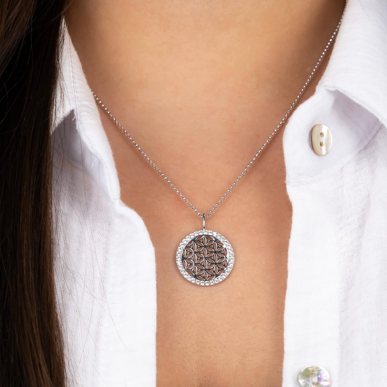 Detalle de Engelsrufer Damen Halskette aus Sterling Silber mit Lebensblume Anhänger – Zirkonia, verstellbar, nickelfrei