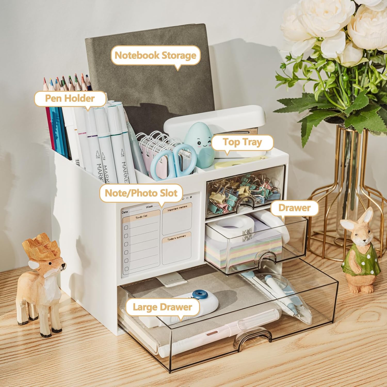 Thumbnail 1 de RISEMART Desk Organiser with 3 Drawers (White) – large desktop tidy for stationery, notes and personal items