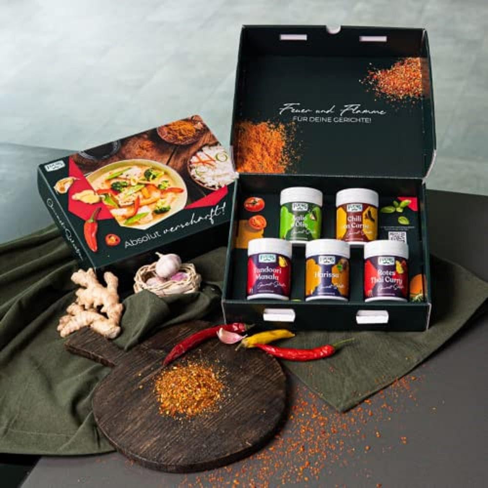 Detalle de Fuchs Gourmet Selection Hot-Box-Geschenkbox mit 5 scharfen Gewürzmischungen aus verschiedenen Länderküchen