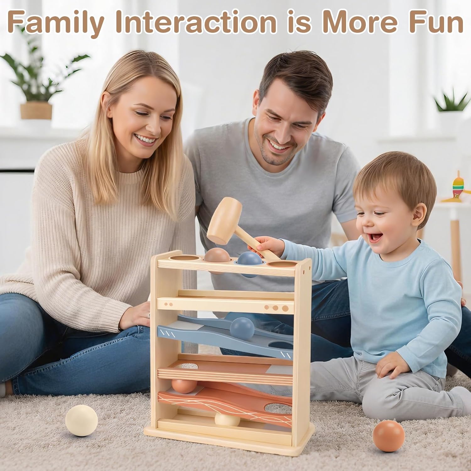 Detalle 2 de Vanplay MZ009 Montessori Wooden Ball Drop Toy with Hammer and 4 Balls