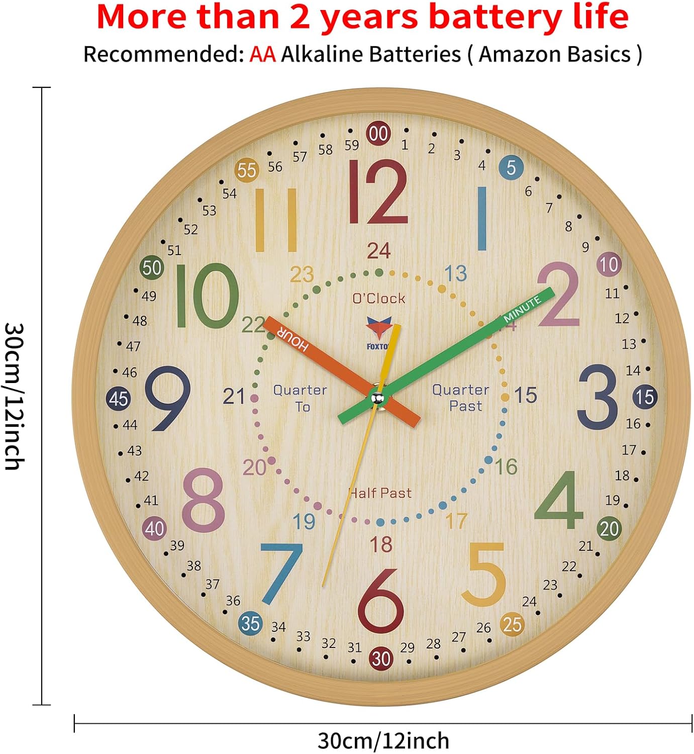 Detalle de Foxtop horloge enfant apprentissage-8 analoge leerklok, 24-uursweergave, 30 cm