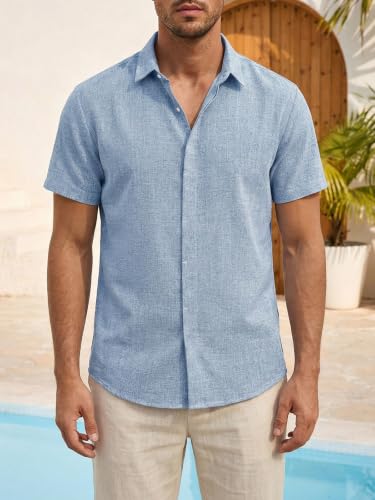 Detalle 2 de Runcati Herren Leinenhemd Kurzarm Blau – Business Sommerhemd in Größe L