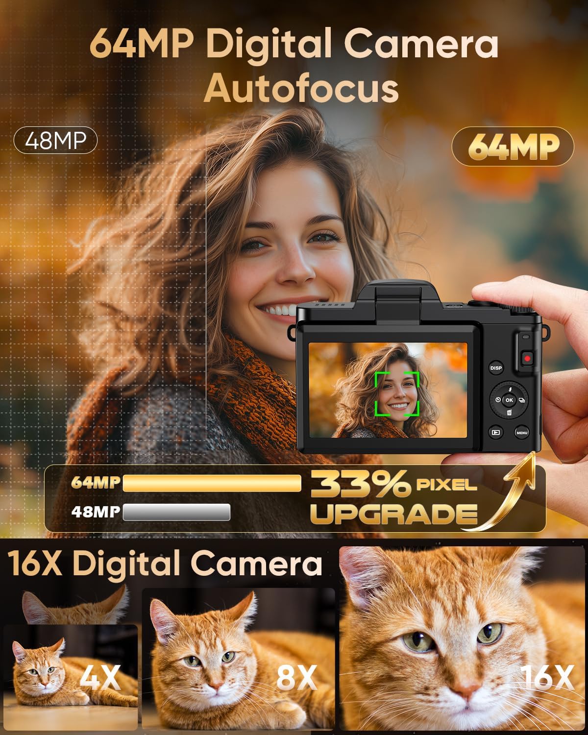 Detalle 2 de 4K Digital Camera for Photography with WiFi, 64MP Autofocus & 3" Flip Screen (16X Zoom) – Black