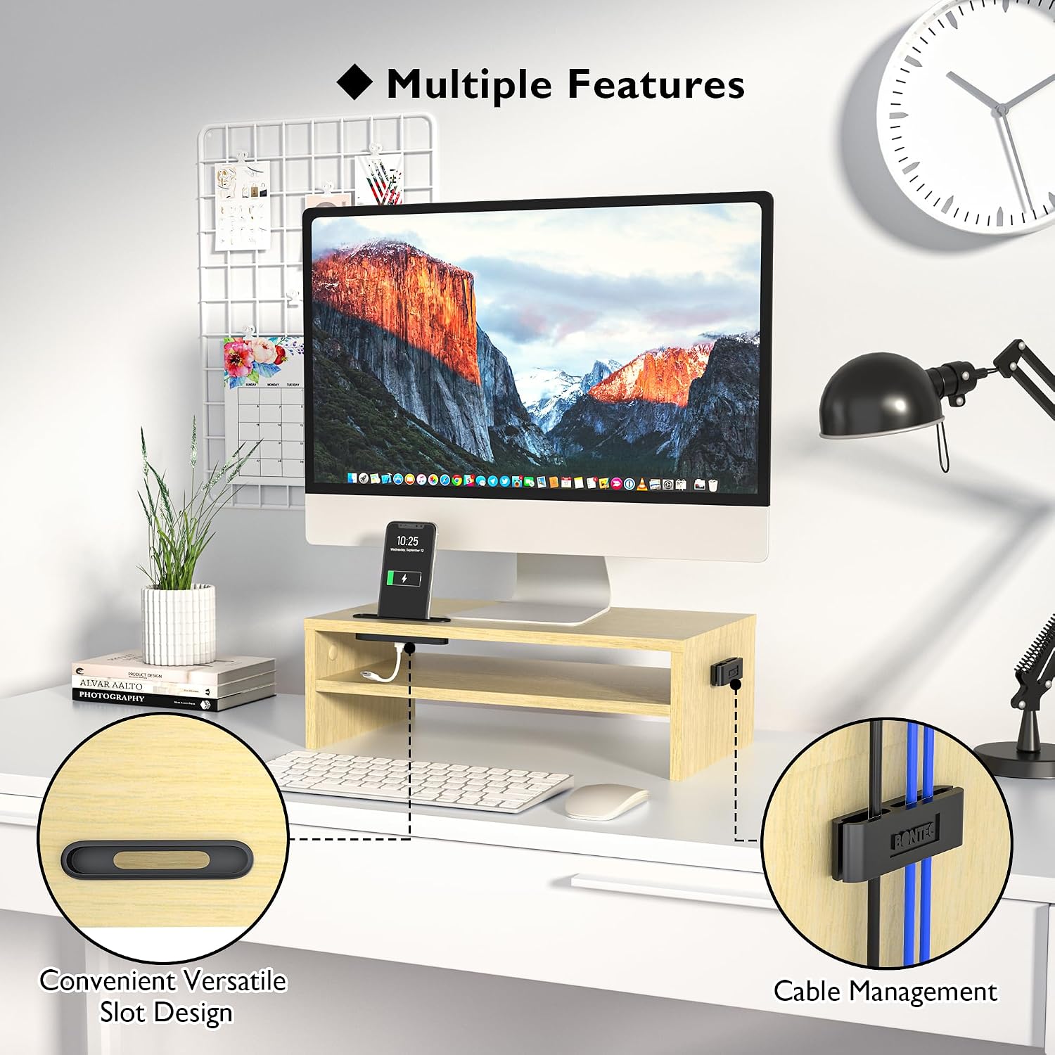 Thumbnail 1 de BONTEC Wood Monitor Stand Riser (2-Tier) – Desk Monitor Stand with Smartphone Holder, Oak
