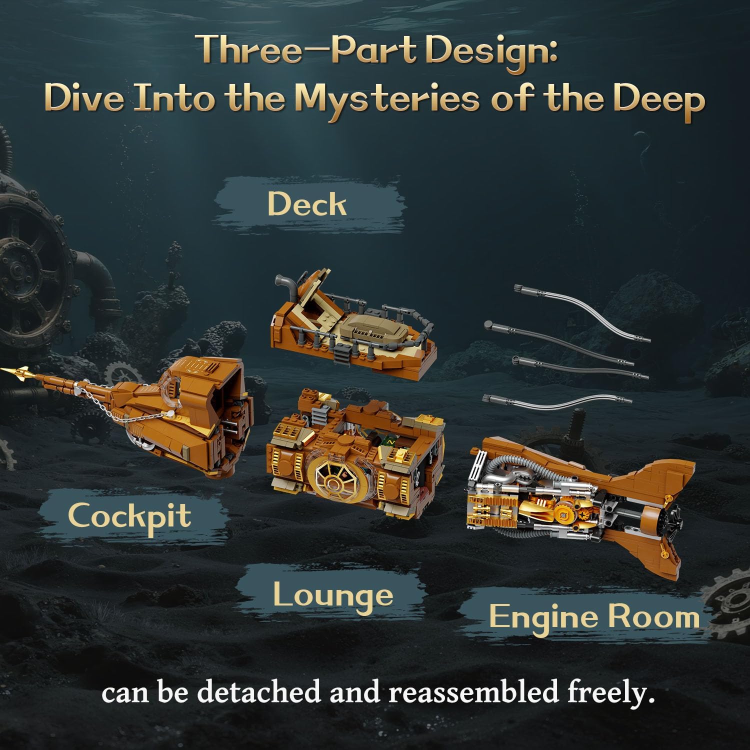 Detalle de PANTASY Steampunk Nautilus U-Boot Klemmbausteine Set – Modulares 3-Sektionen-Design mit Zahnrad-Propeller