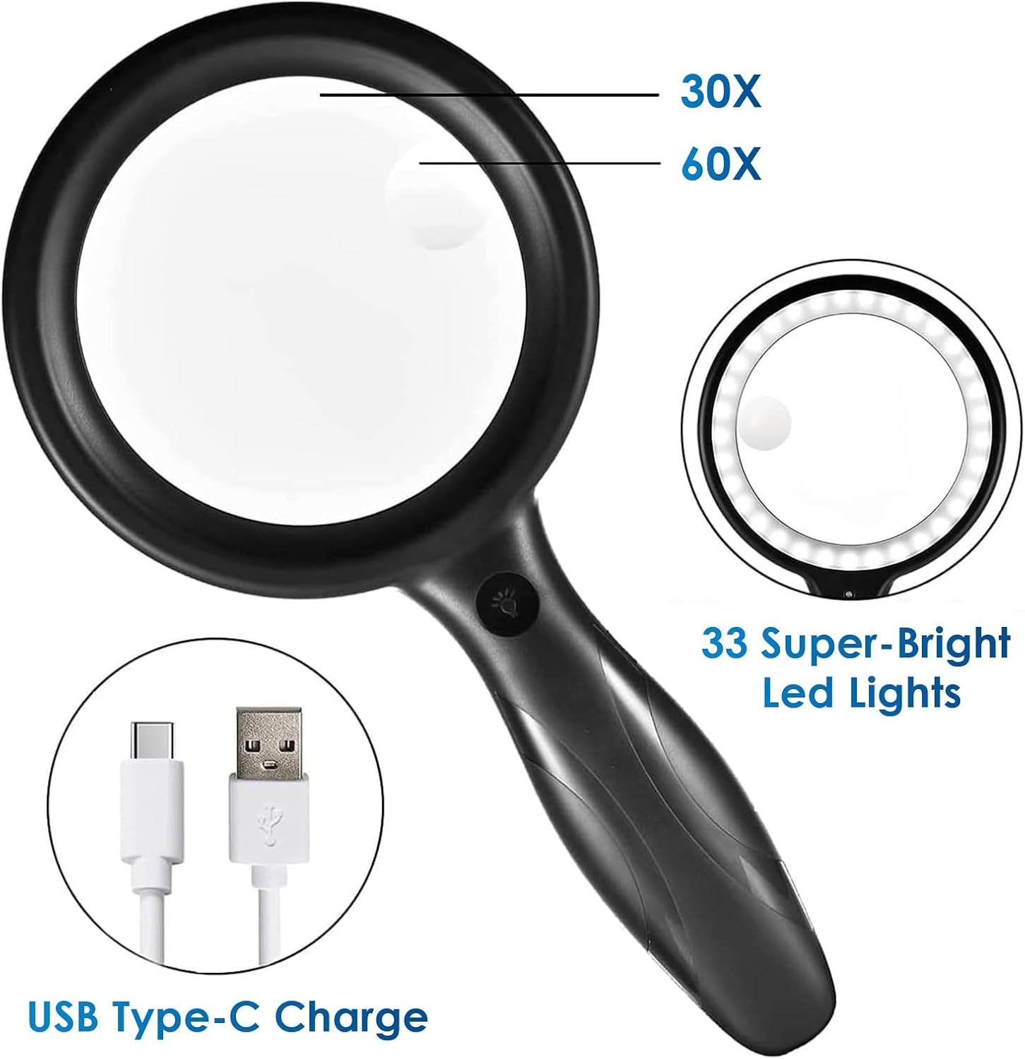 Detalle de Lente d’ingrandimento con luce 60X/30X ricaricabile USB con 33 LED
