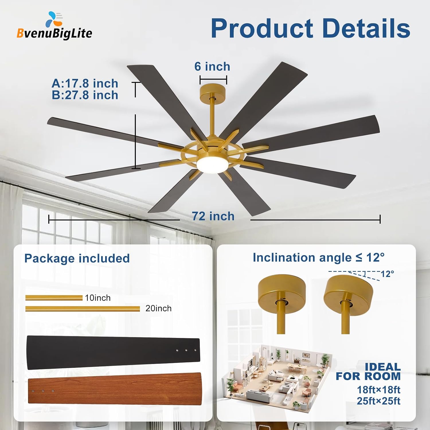 Detalle de BvenuBigLite WS-FPZ190-18C-CO-AP 72-Inch Ceiling Fan with Light