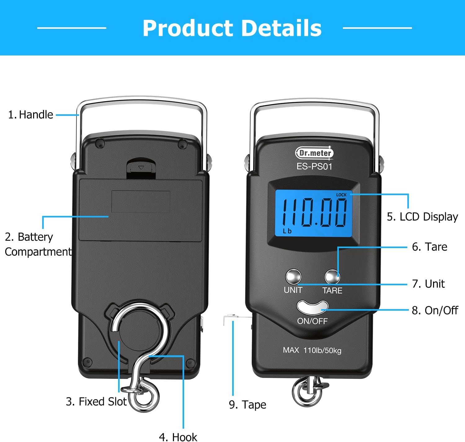 Detalle de Dr.meter Fish Scale Luggage-Style Scale (110 lb) with Backlit LCD, Measuring Tape & Hook