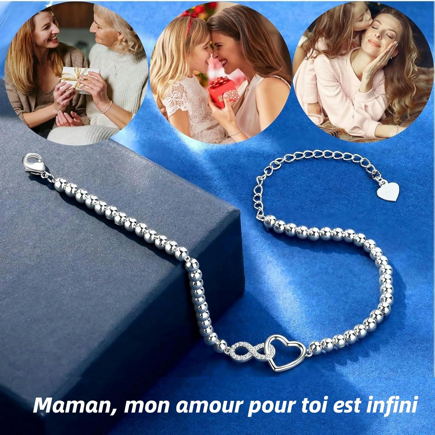 Detalle de Bracelet femme Jbniuay argent 925 Infinity cœur « Mama » ajustable