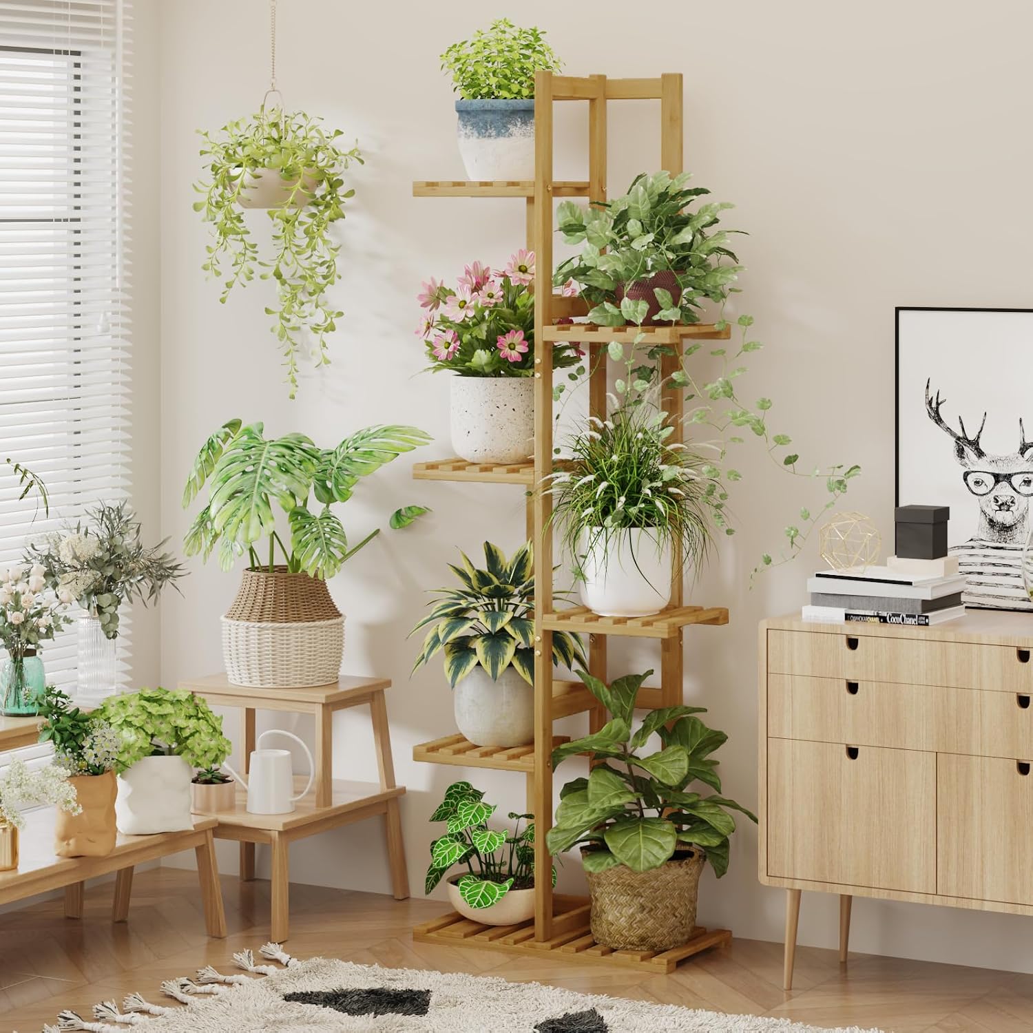 Detalle 2 de Bamworld Porta Piante da Interno in Bambù Naturale – Scaffale a 6 Livelli per Vasi