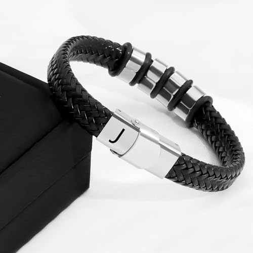 Detalle 2 de SAMINO Cuero Negro 26 Letras: Pulseras para Hombre con Anillo Magnético en Acero Inoxidable