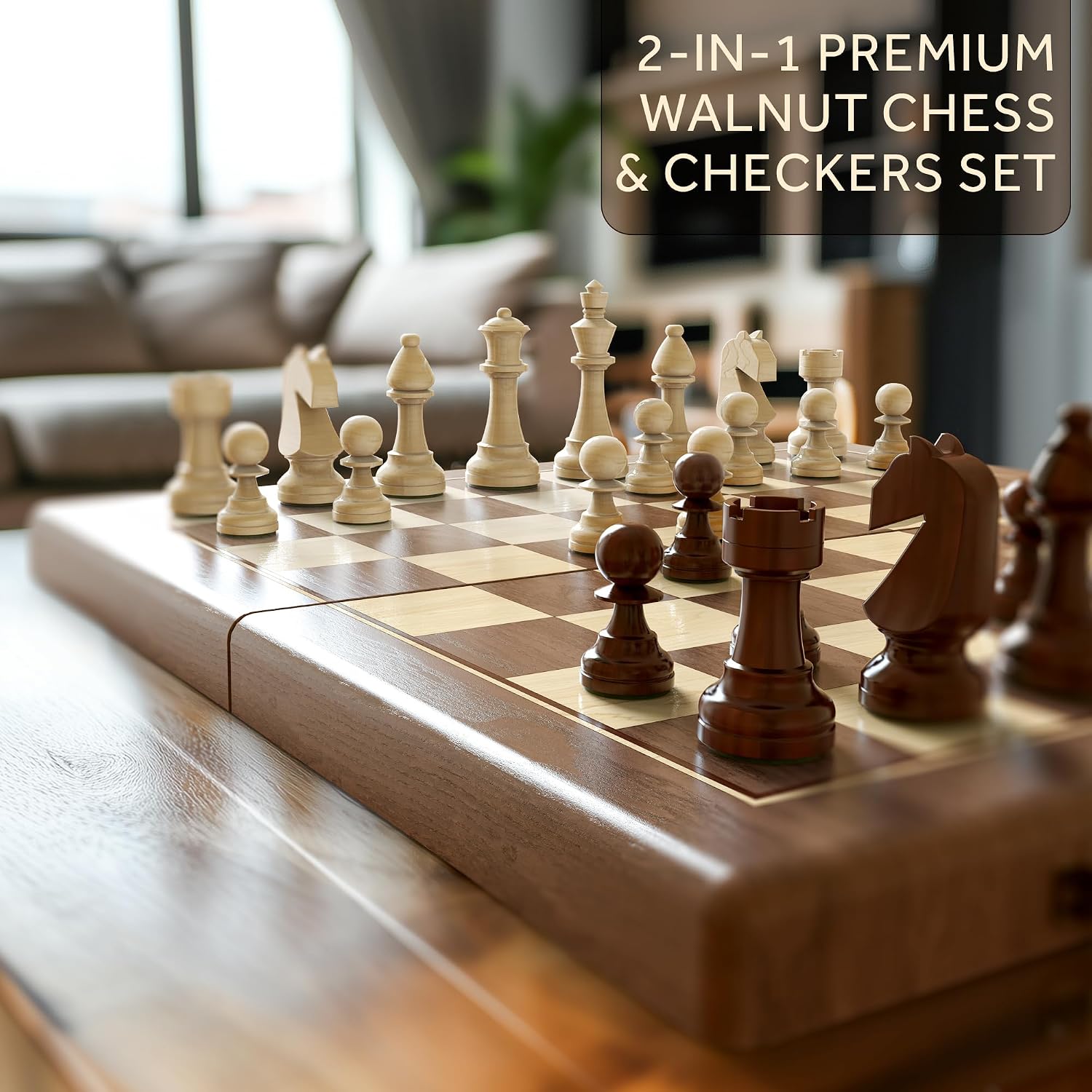 Detalle 2 de Premium 38 cm Walnuss magnetisches Schach- und Dame-Set 🧩