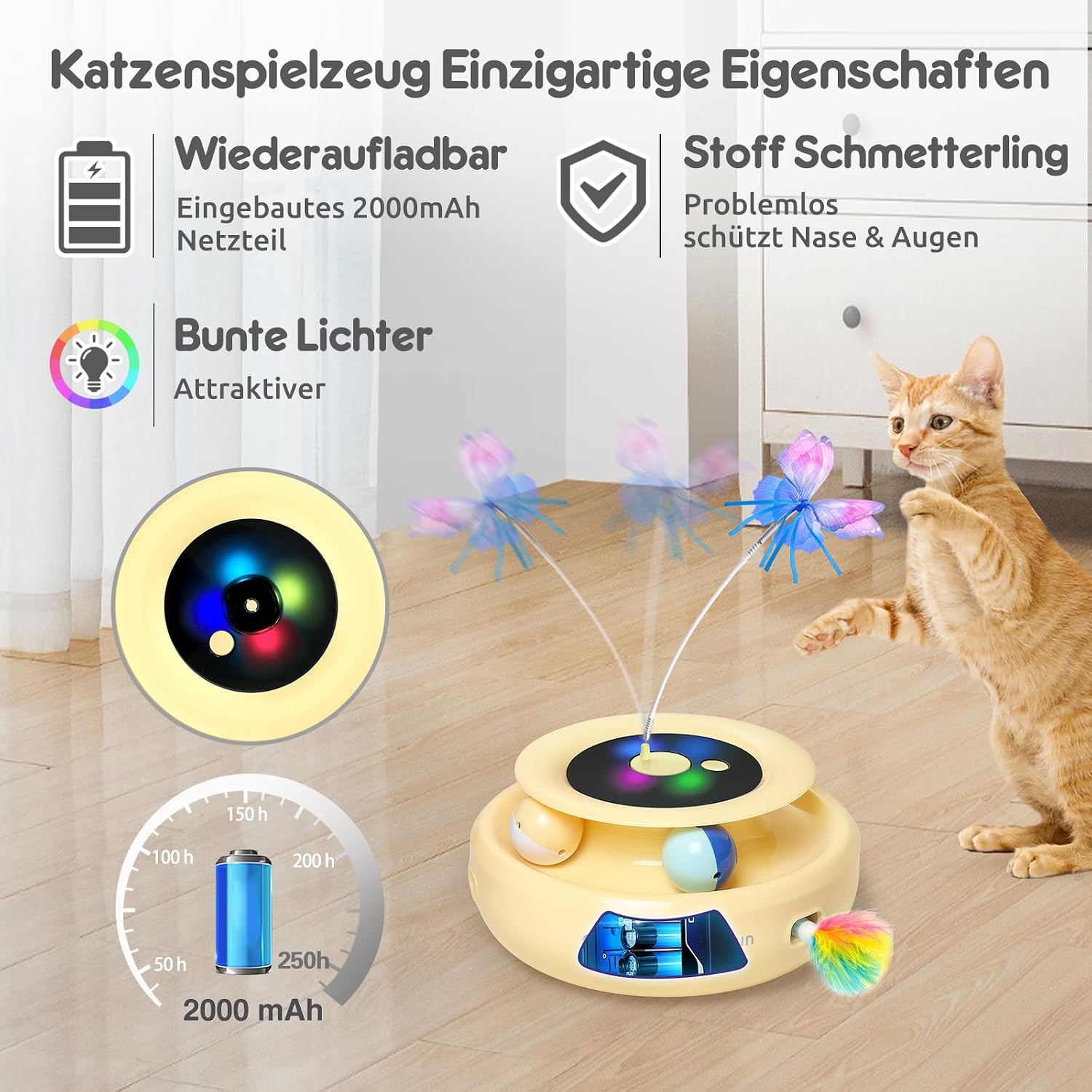 Detalle 2 de GoldenSun 3-in-1 interaktives Katzenspielzeug (Whack-A-Mole & Schmetterling) mit USB wiederaufladbarem Teaser und 4 Aufsätzen