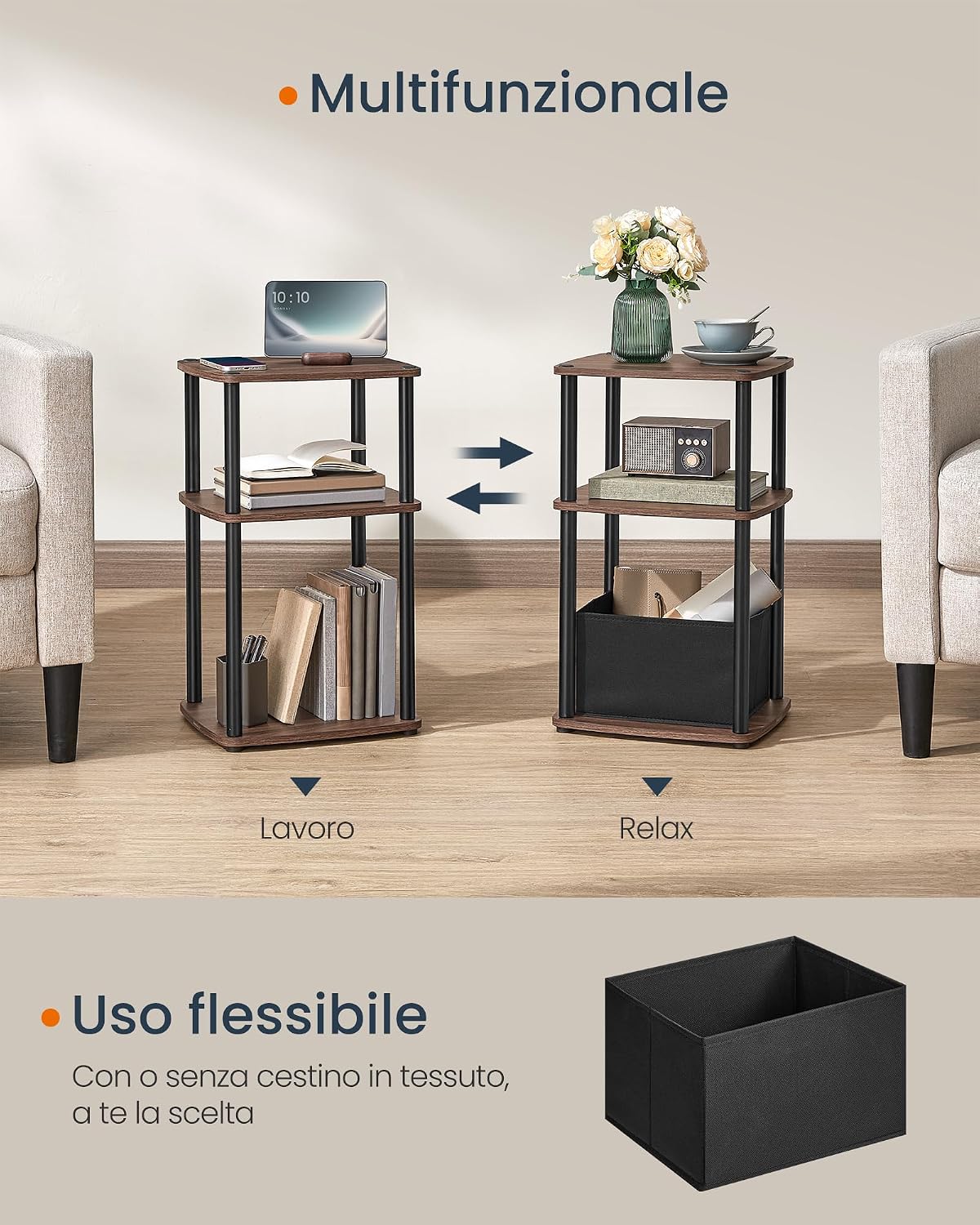 Detalle de SONGMICS HOME Tavolino/Comodino con 3 ripiani e cestino in tessuto LET286K01, noce naturale, 30 x 34 x 58 cm