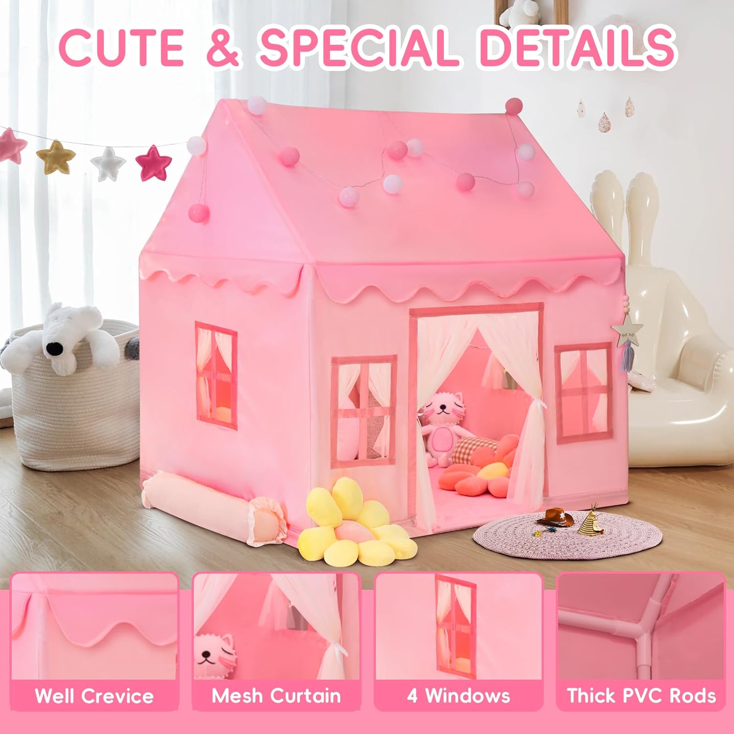 Thumbnail 3 de RONGFA Large Kids Tent Playhouse with Padded Mat and Star Lights (Pink)