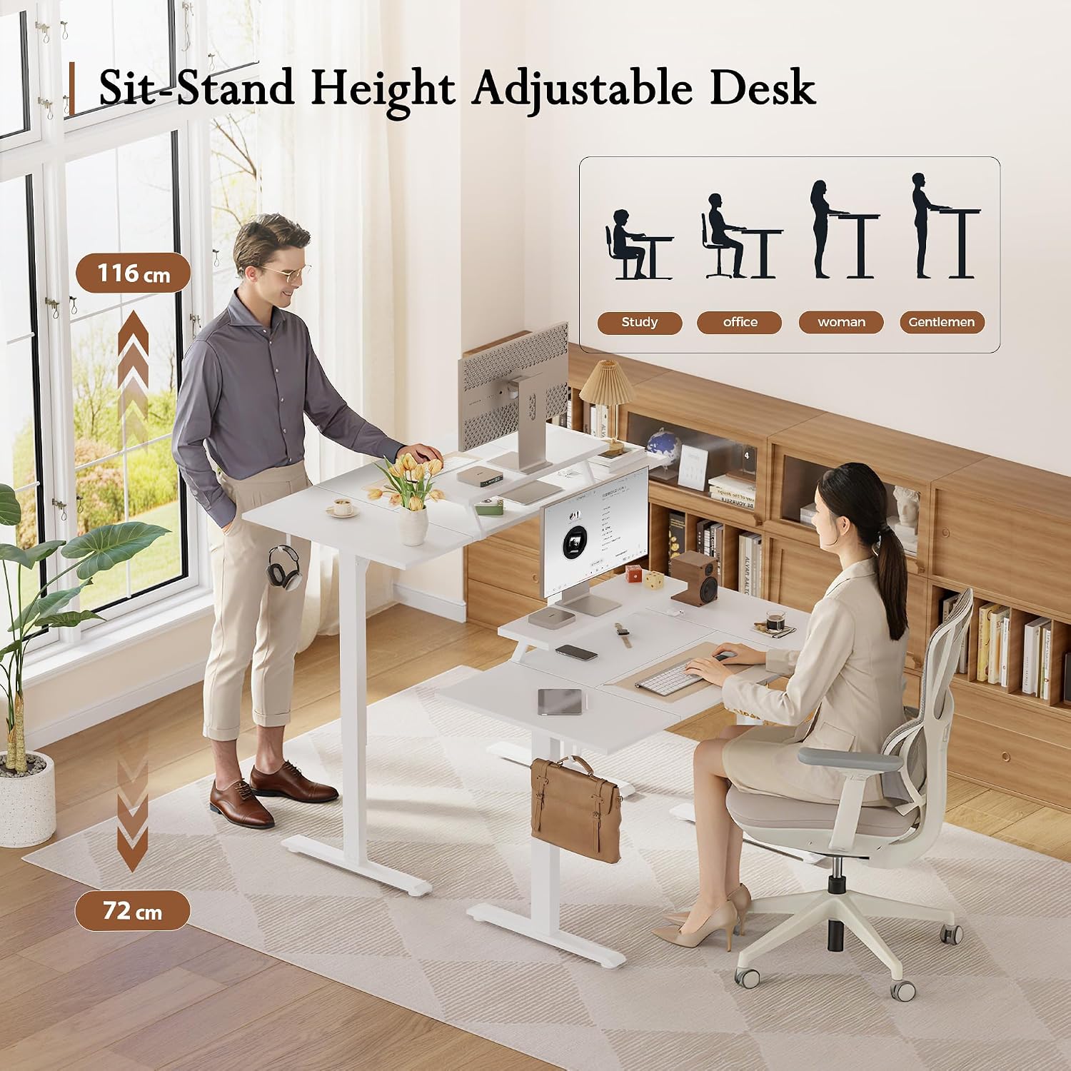 Thumbnail 5 de Klicelor Electric Height Adjustable Desk with Movable Monitor Stand, 120x80cm, 72-116cm Height, 2 Memory Buttons, White