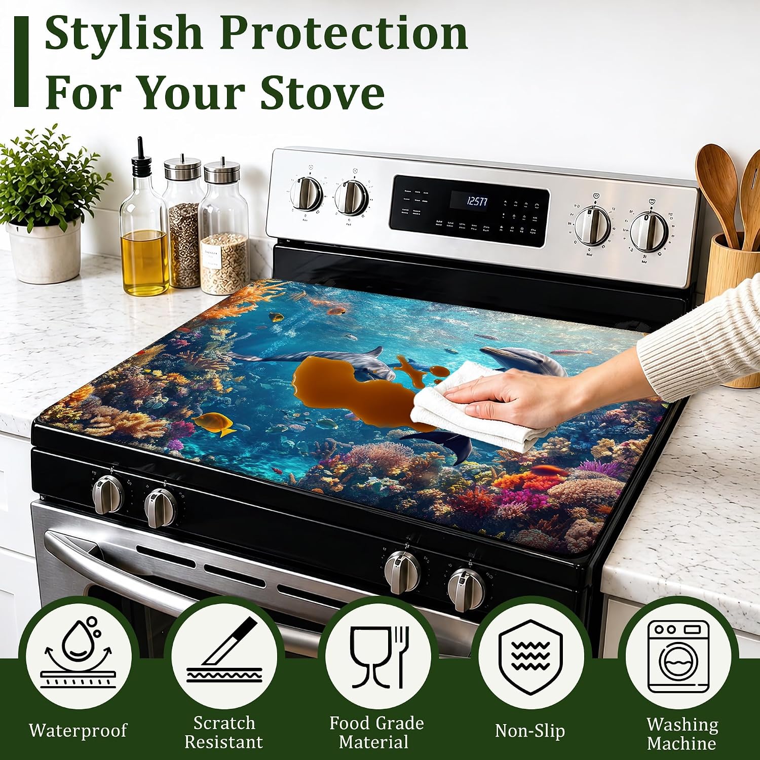 Thumbnail 4 de Qvvhorx QVV-SC-123 Dolphin Coral Reef Ocean Stove Top Cover, 28.5 x 20.5 in