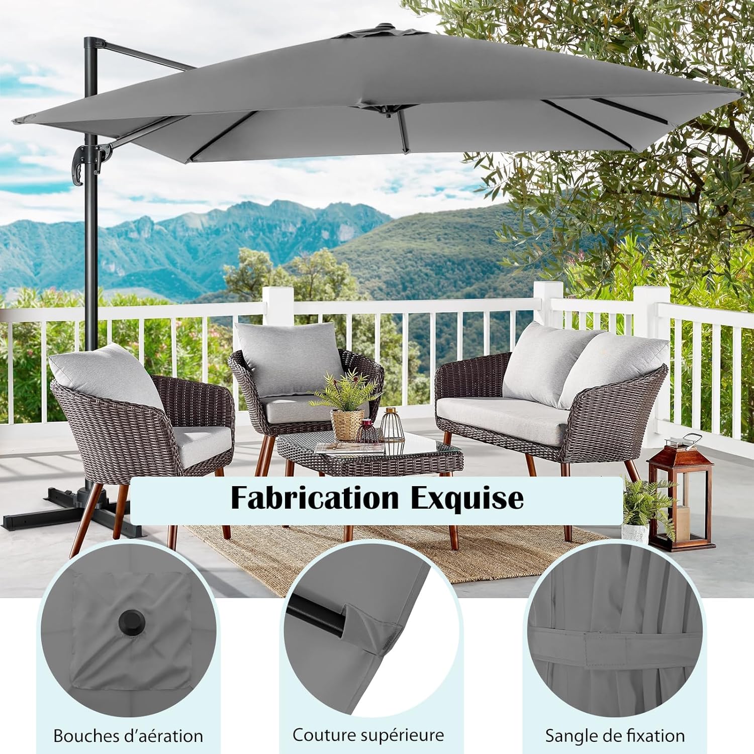 Thumbnail 5 de GOPLUS Parasol de Jardin Déporté 3x3 m – Toile inclinable, rotation 360°, gris